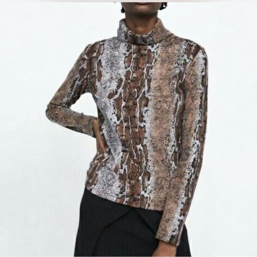 Zara Brown and Gray Patterned Long Sleeve Top